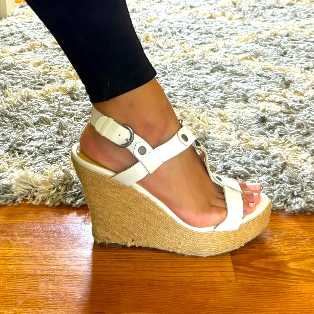 White leather wedge heel sandals